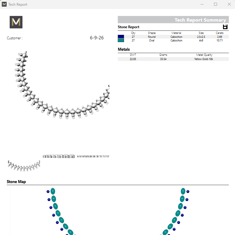 A screenshot of a dental stone report and analysis dashboard showing a curved arrangement of dental stone models, a color analysis table, a stone map with teal and blue dots, and a tech report summary form.