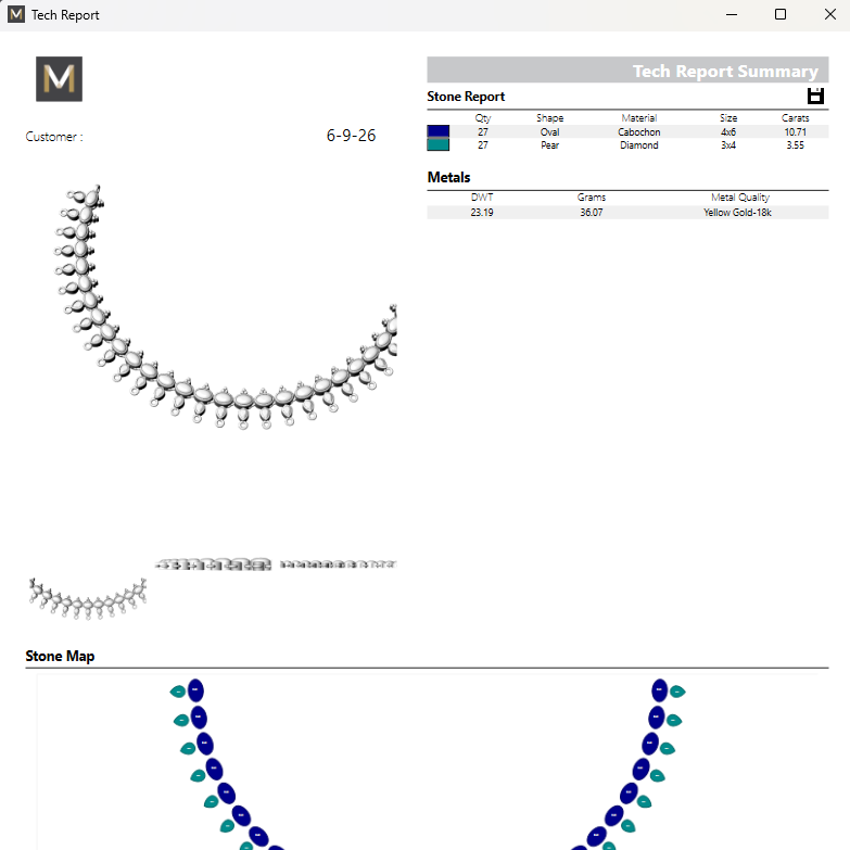 A screenshot of a gemstone technical report interface showing a curved yellow gold ring with a stone map and color analysis summary.