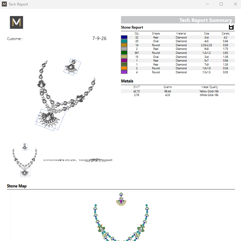 A technical jewelry report page showing multiple rendered views of a necklace and pendant, a color/stone report table, a stone map diagram, and notes fields on a white interface background.