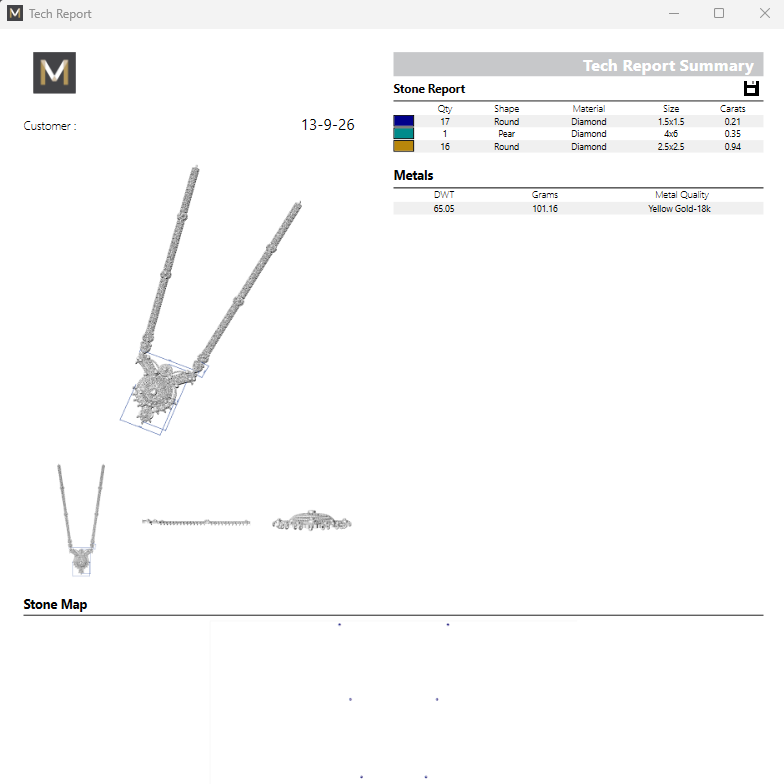 A screenshot of a technical report and summary page for a jewelry stone report, showing a rendered necklace, a stone map, and a table with stone and metal details.