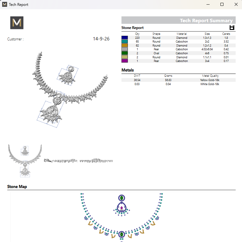 A screenshot of a jewelry technical report and stone report form from Tech Report, showing CAD renderings of a silver-toned necklace with blue and yellow stone accents, a metal composition table, and a stone map diagram.