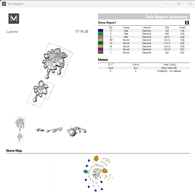 A digital screenshot of a technical report and stone map interface, showing 3D gemstone renderings, a stone report table, and colored gemstone cluster diagrams on a white background.