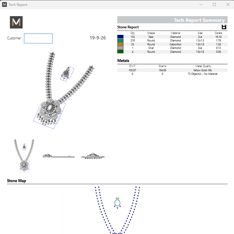A technical jewelry report screenshot showing a necklace design with multiple rendered views, a color/material table, a stone map diagram, and a tech report summary panel.