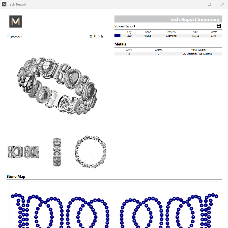 A technical product report and specification sheet for a silver beaded bracelet. The document features a grayscale product rendering of the bracelet with inset views of its components, a stone map diagram, and a customer approval signature block at the bottom.