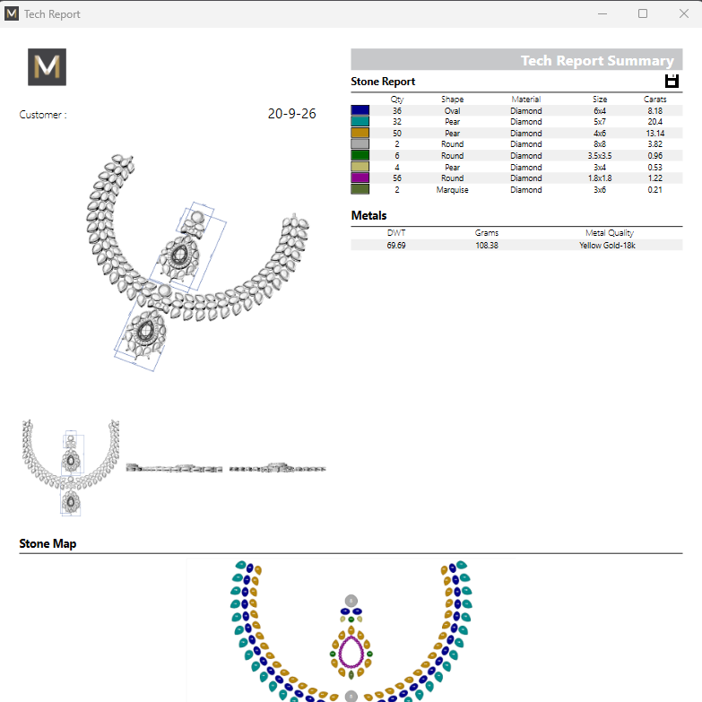 A digital technical report and jewelry design schematic showing a silver-toned curved necklace with circular pendant elements, a side view, a color/material legend, a stone report table, and a necklace map diagram on a white interface background.