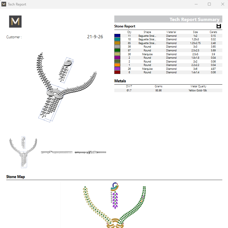 A digital jewelry technical report and stone map interface showing a silver-toned necklace with colored gemstone details, including a color chart and metal composition summary.