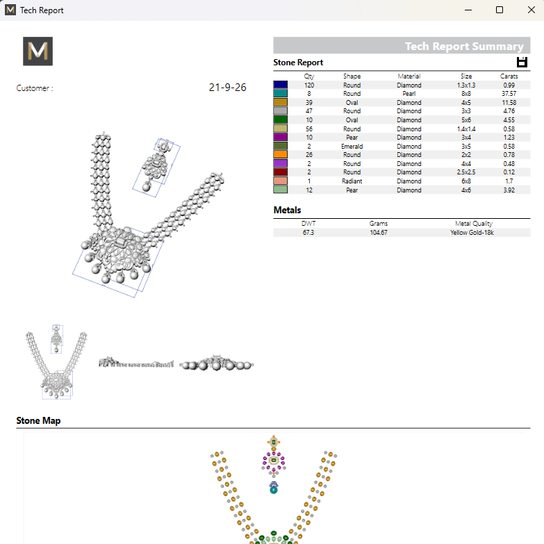 A screenshot of a jewelry technical report and stone report form with CAD renderings of a necklace, color swatches, a stone map diagram, and form fields.