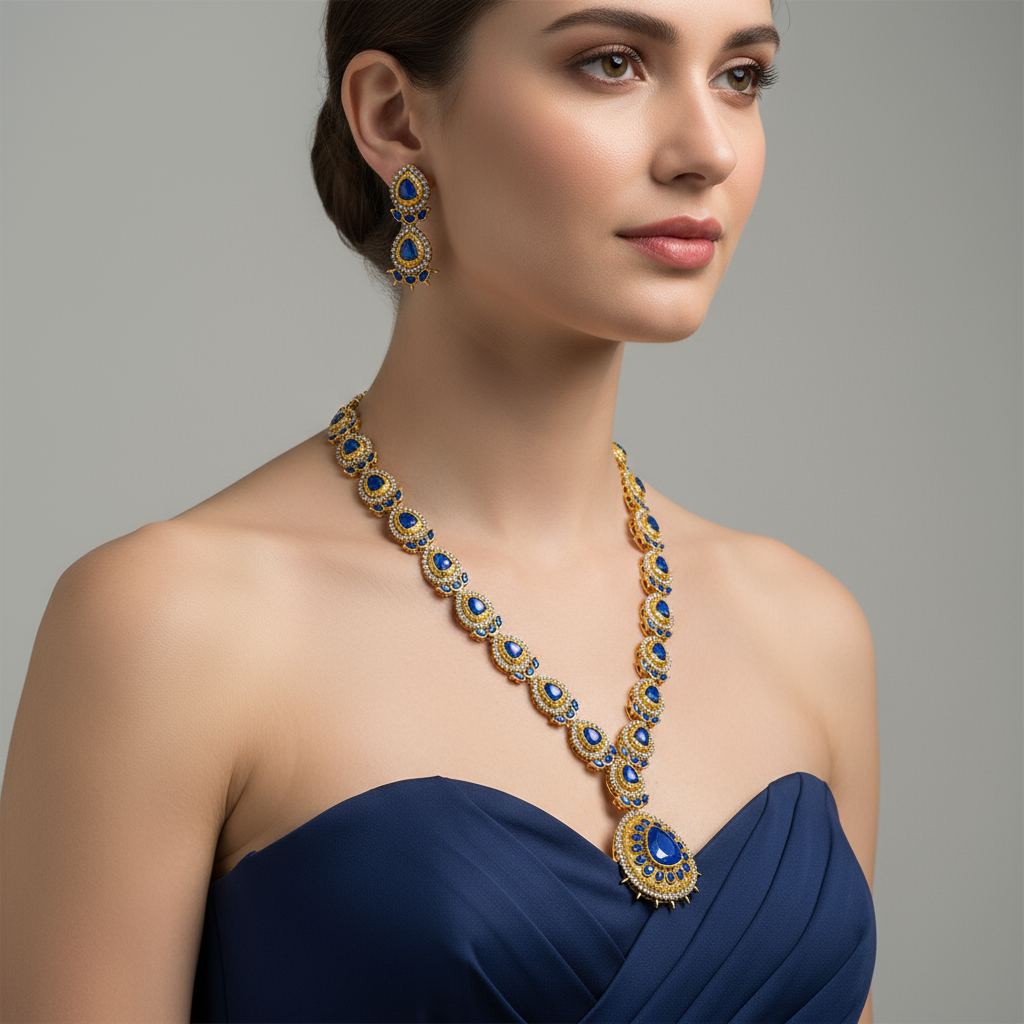 Woman wearing a gold and blue necklace and earrings on a gray background