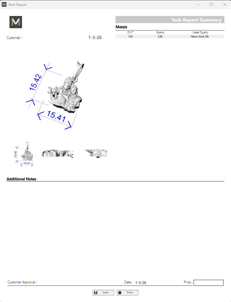 Jewelry appraisals software interface with a pendant image and measurement details.