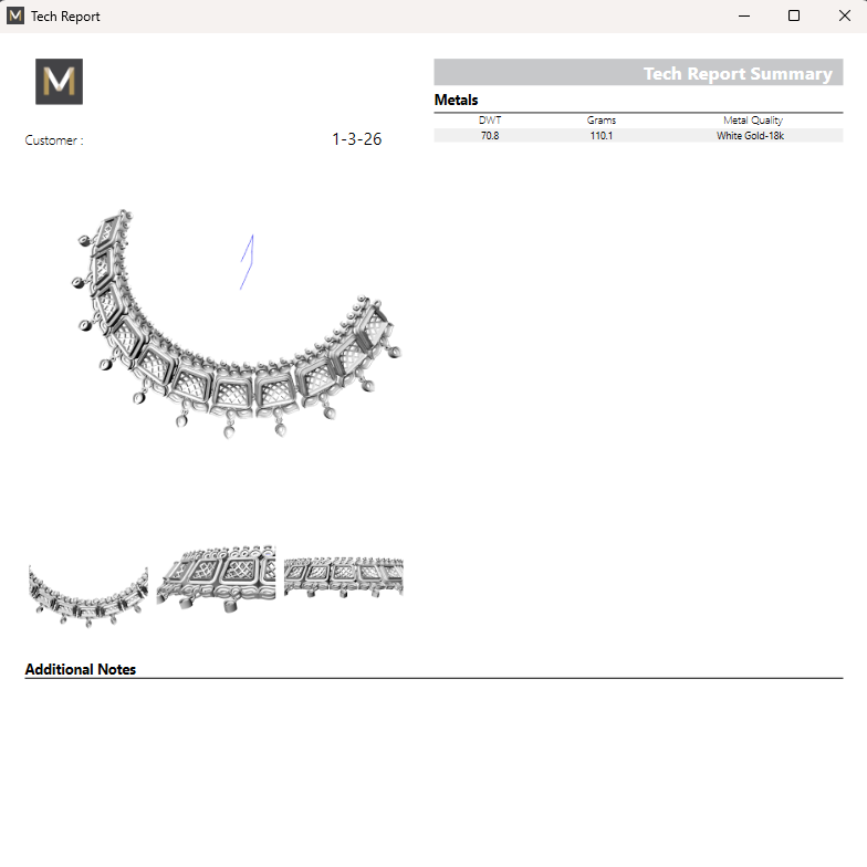 Technical report summary of a necklace with images and text on a white background