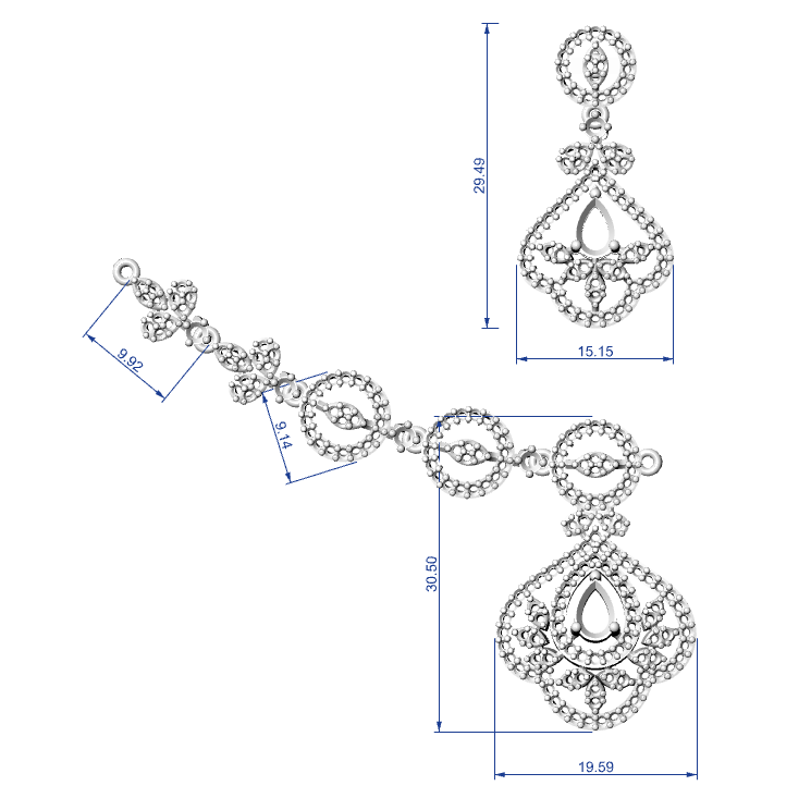 Jewelry design software view of a diamond earring with dimensions on a white background