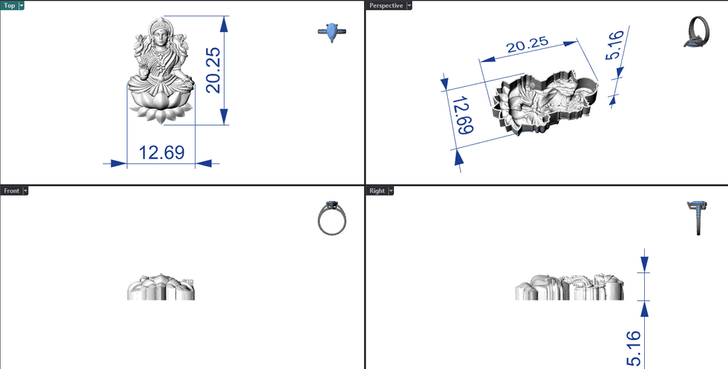 Goddess Laxmi Hollow Piece 3DM File | 0.25mm Wall | 15–37mm | 4 Pieces – Digital Download