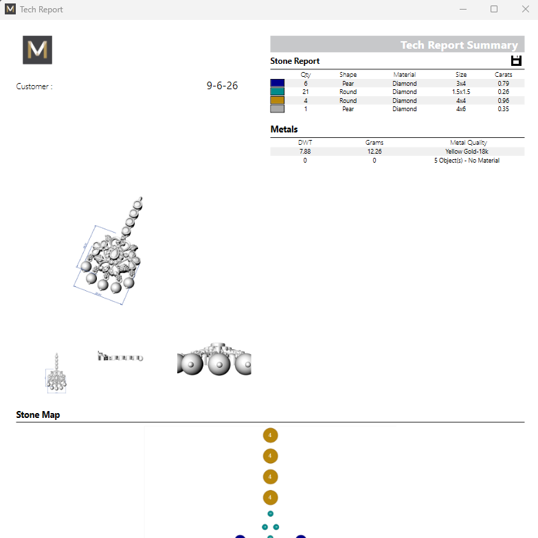 Diamond appraisal software interface with stone report and stone map