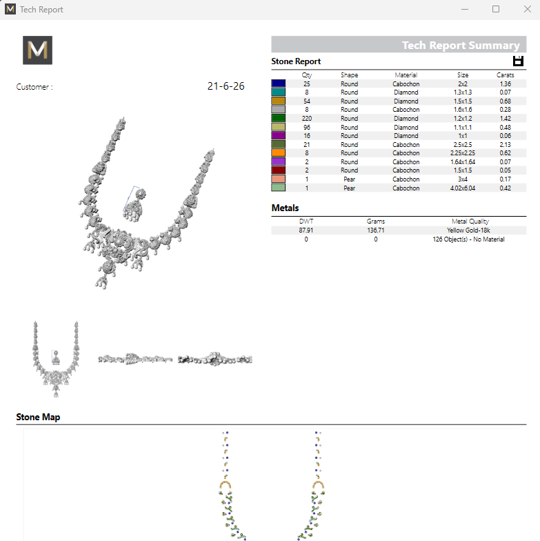 Jewelry report with necklace image and technical details on a computer screen