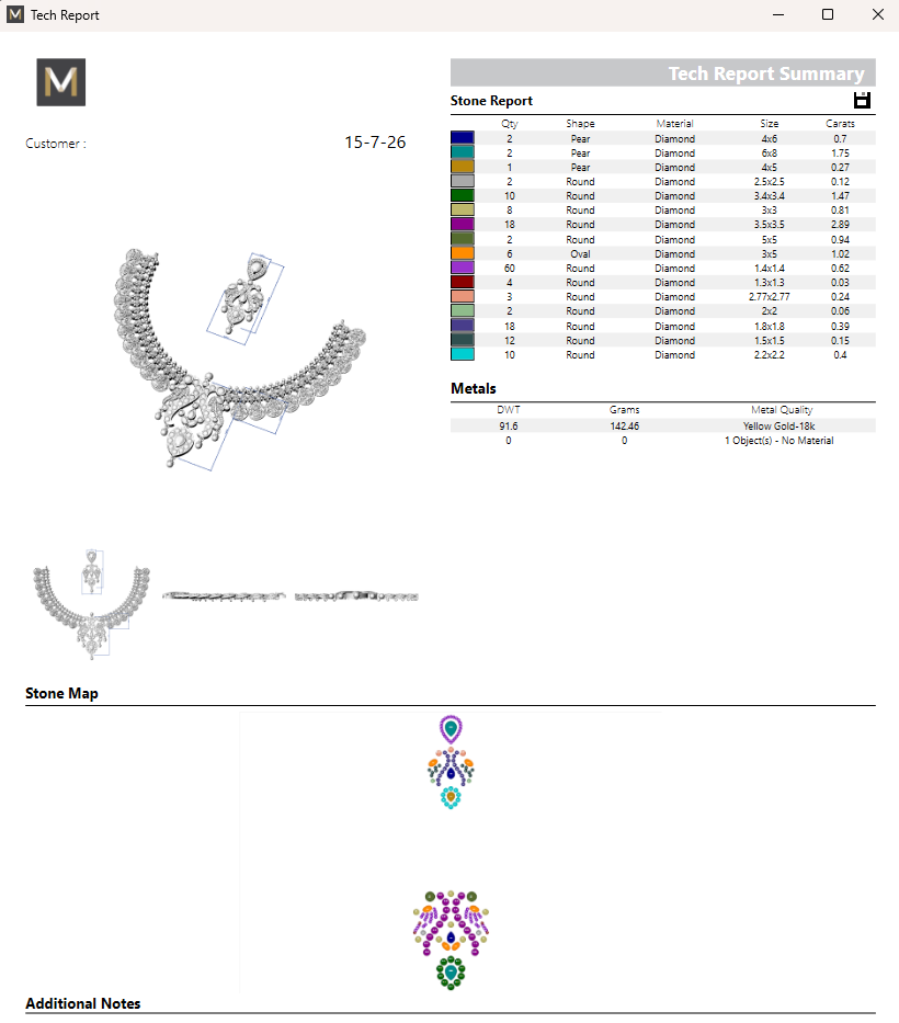 A technical jewelry appraisal report page showing a silver-toned necklace and pendant, a color stone report table, a stone map with colored gemstone icons, and a customer logo. This is not a clean product photo and functions as an informational/diagnostic document rather than a standard product presentation.
