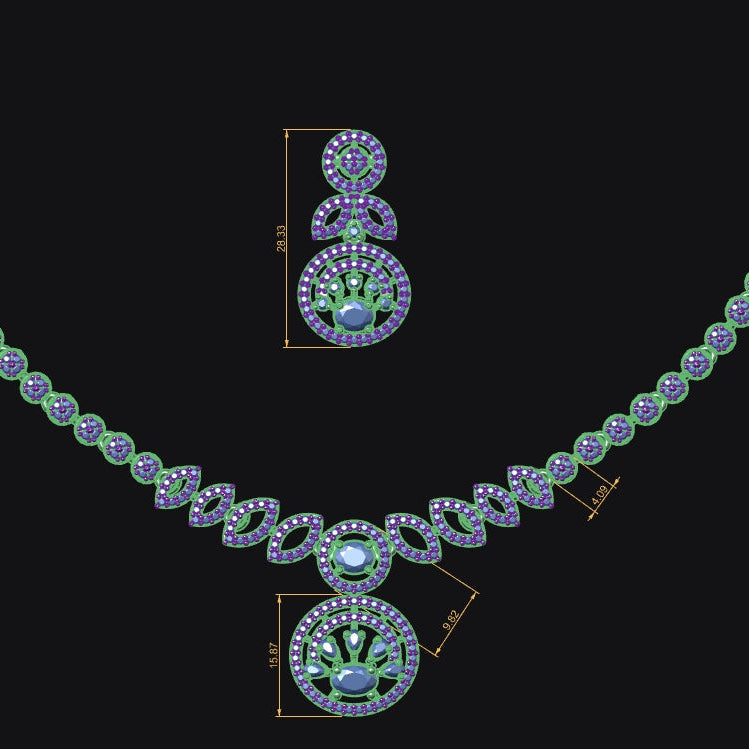 Necklace & Earring Set STL File – American Diamond Push Setting No.3 | Digital Download