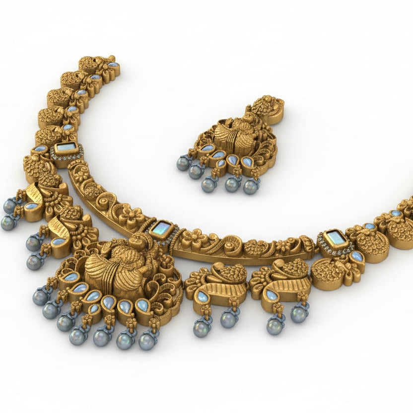 Traditional Goddess Lakshmi Temple Jewellery Set No.1 | Nakshi Necklace with Matching Jhumka Earrings | Ethnic Wedding Jewelry Set