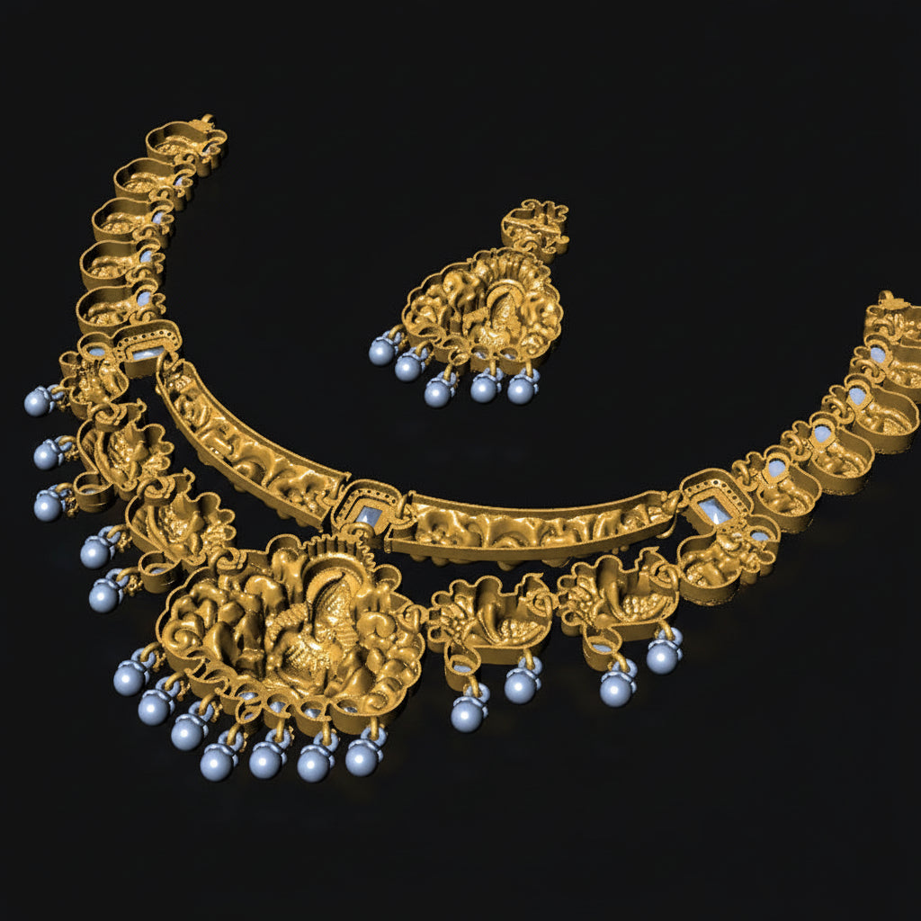 Traditional Goddess Lakshmi Temple Jewellery Set No.1 | Nakshi Necklace with Matching Jhumka Earrings | Ethnic Wedding Jewelry Set