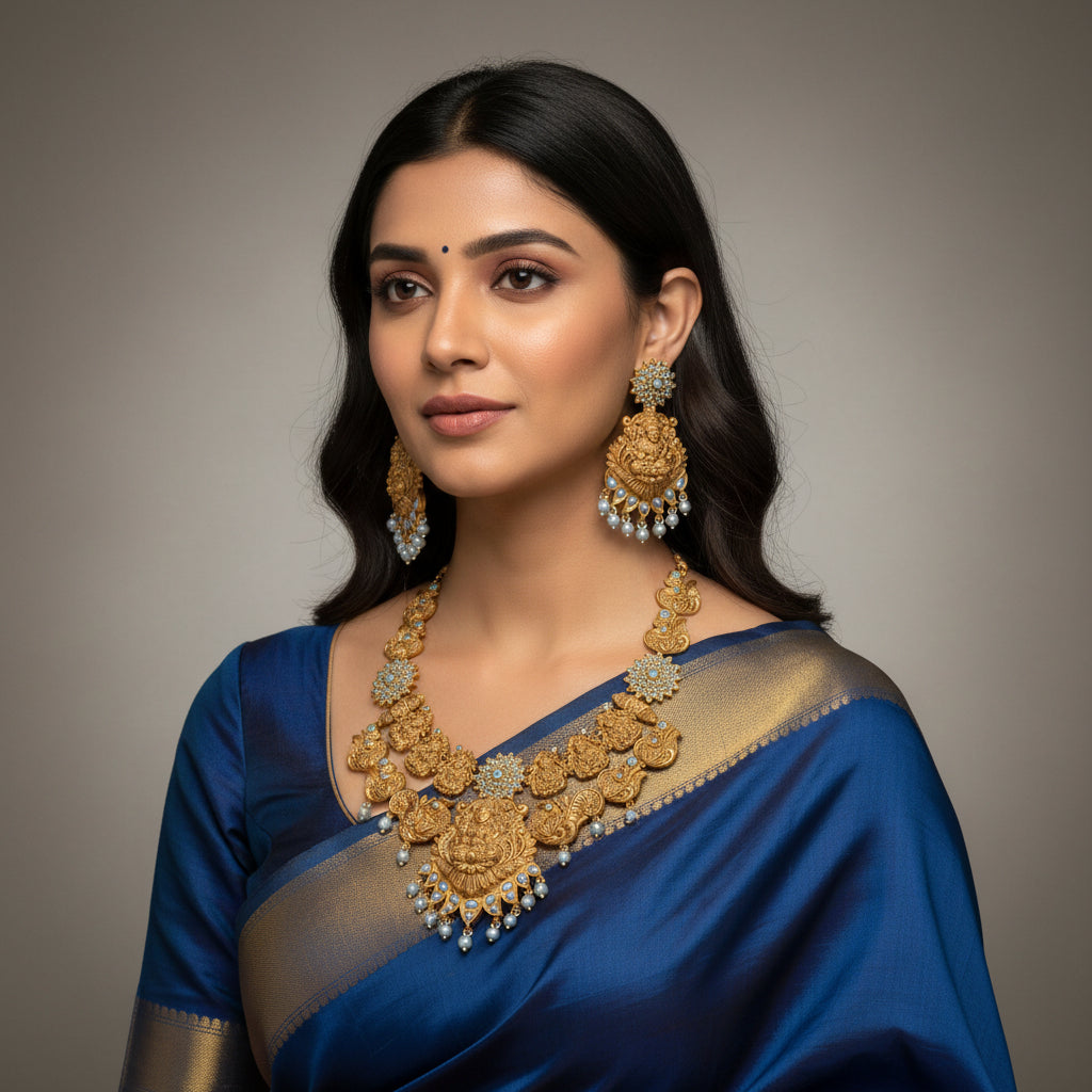 Traditional Goddess Lakshmi Temple Jewellery Set No.2 | Nakshi Necklace with Matching Jhumka Earrings | Ethnic Wedding Jewelry Set