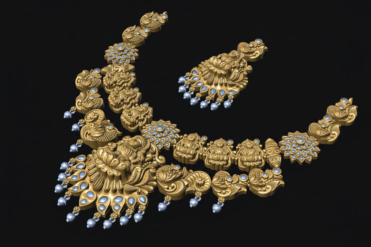 Gold necklace with intricate designs and blue stones on a black background