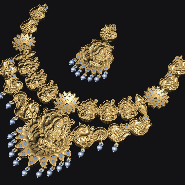 Traditional Goddess Lakshmi Temple Jewellery Set No.2 | Nakshi Necklace with Matching Jhumka Earrings | Ethnic Wedding Jewelry Set