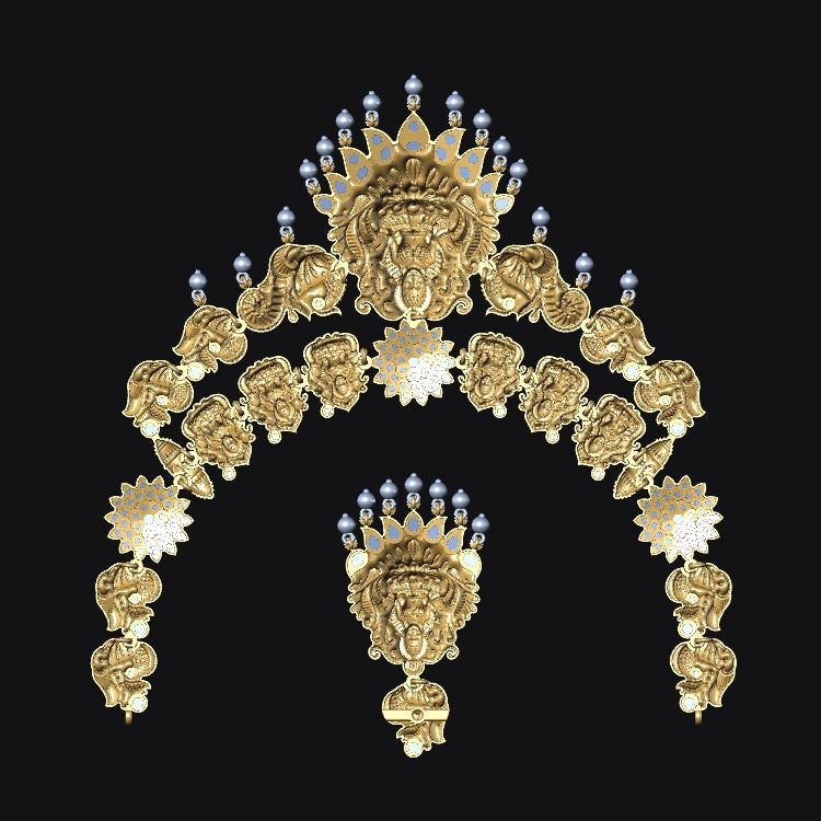Gold jewelry set with a decorative headpiece and earrings on a black background