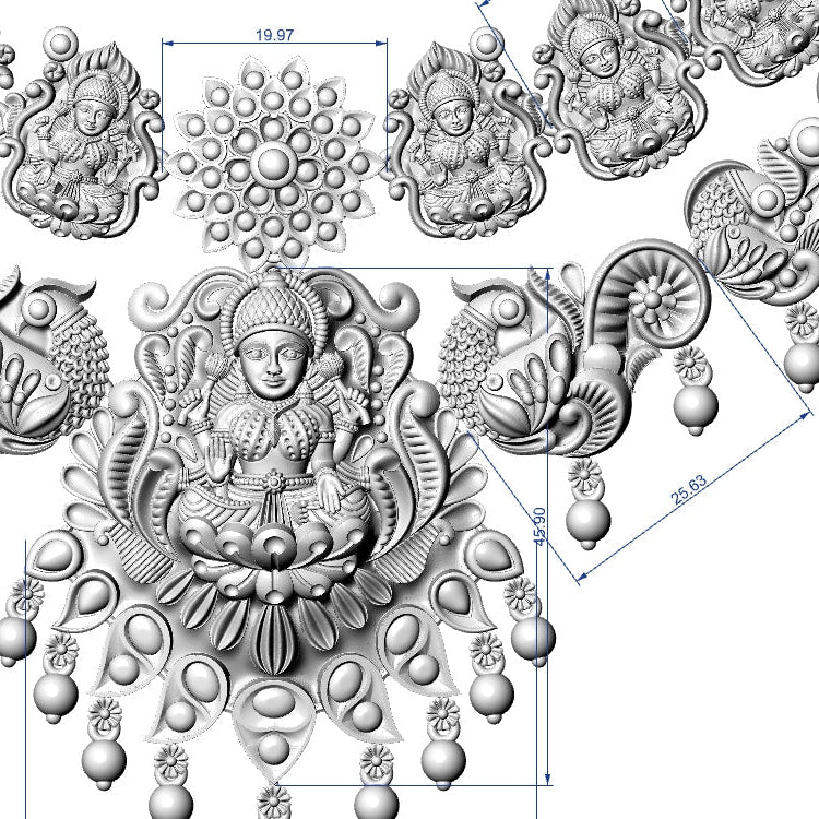 Detailed technical drawing of a silver necklace with religious symbols on a white background