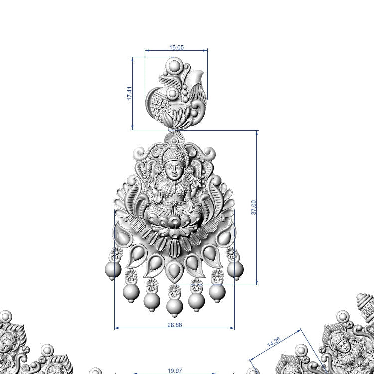 Detailed black and white diagram of an ornate earring design with measurements.