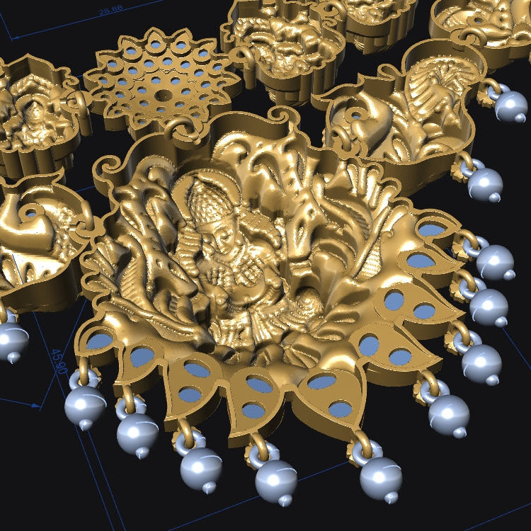 Gold necklace with intricate designs and pearl-like beads on a black background