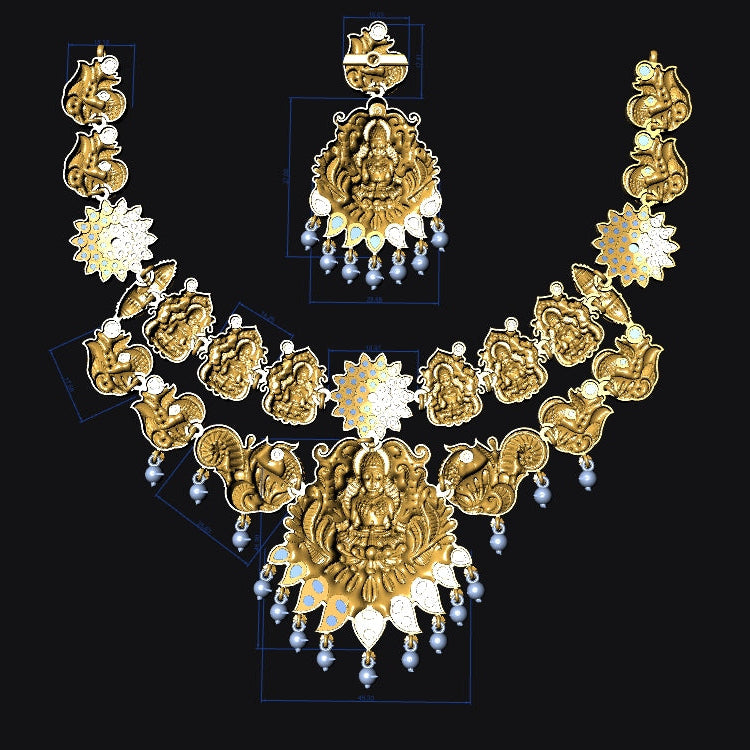 Traditional Goddess Lakshmi Temple Jewellery Set No.2 | Nakshi Necklace with Matching Jhumka Earrings | Ethnic Wedding Jewelry Set