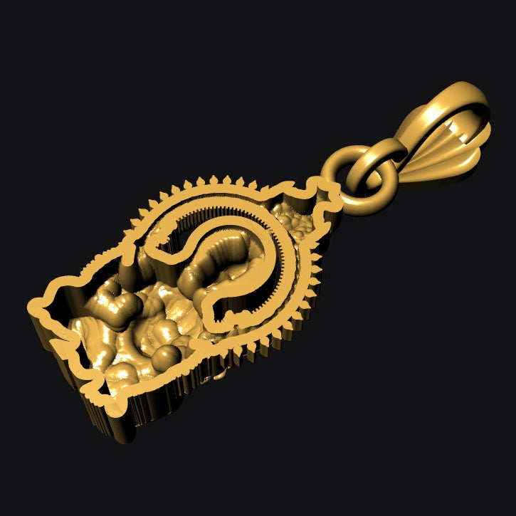 Gold pendant with intricate design on a black background