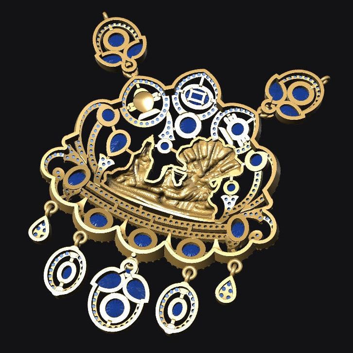 Decorative gold and blue jewelry piece on a black background