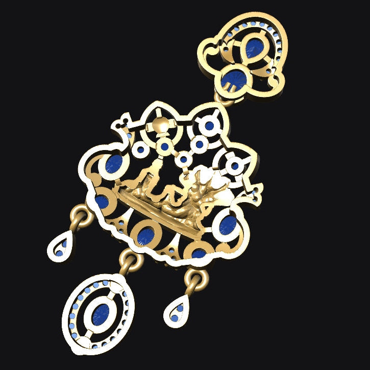 Gold and blue decorative item on a black background
