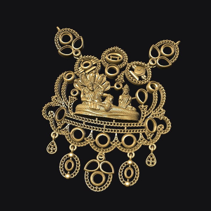 Gold pendant with intricate design on a black background