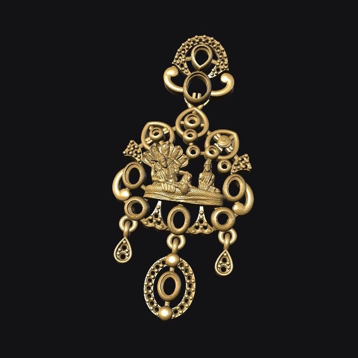 Gold pendant with intricate designs on a black background