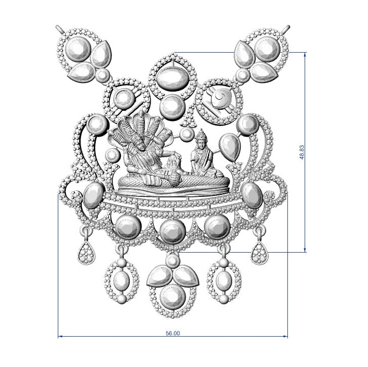 Detailed black and white drawing of a decorative necklace with religious symbols on a white background