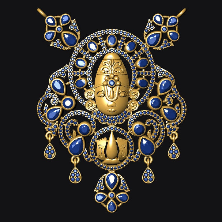 Ornate gold and blue gemstone pendant on a black background