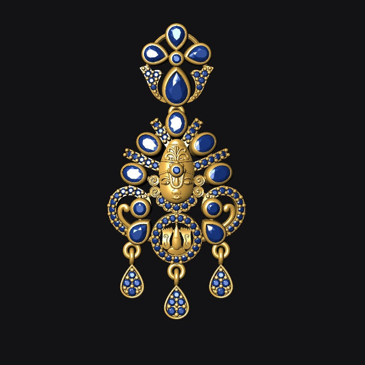 Ornate gold and blue pendant on a black background