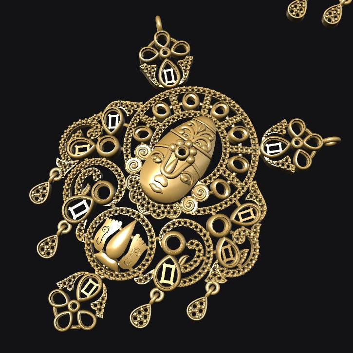 Gold necklace with intricate designs on a black background