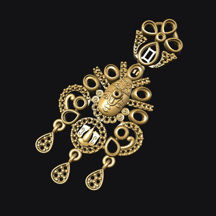 Gold necklace with intricate designs on a black background