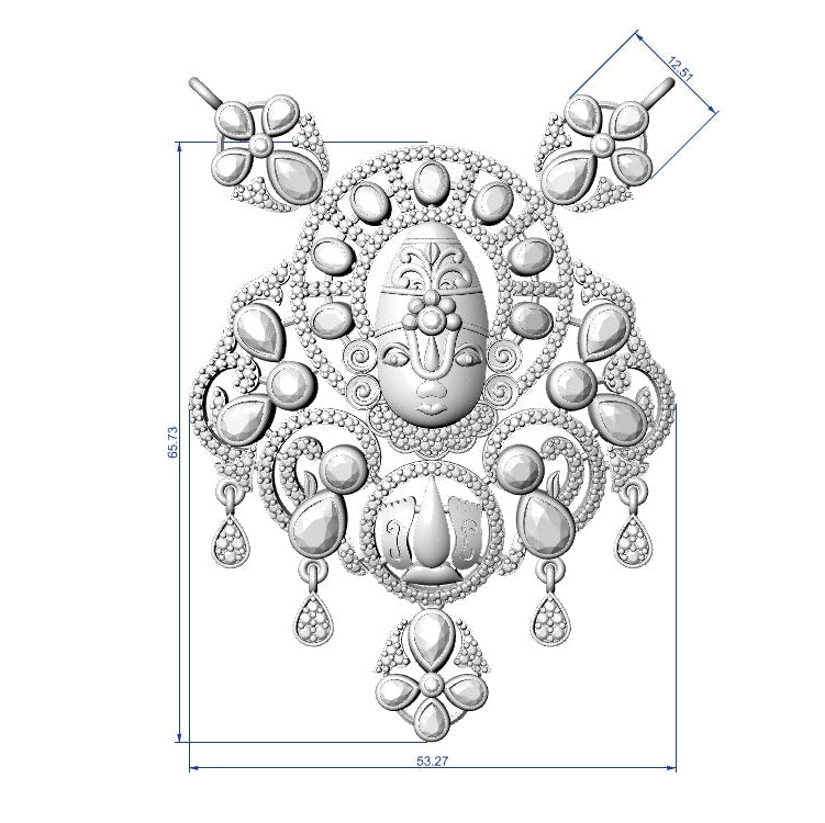 Detailed technical drawing of an ornate silver pendant with measurements on a white background