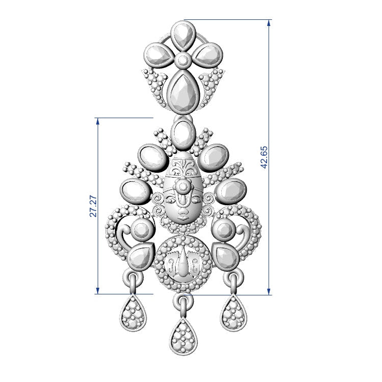 Decorative silver pendant with measurements on a white background