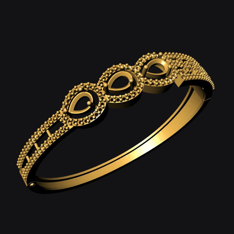 Gold bracelet with intricate design on a black background
