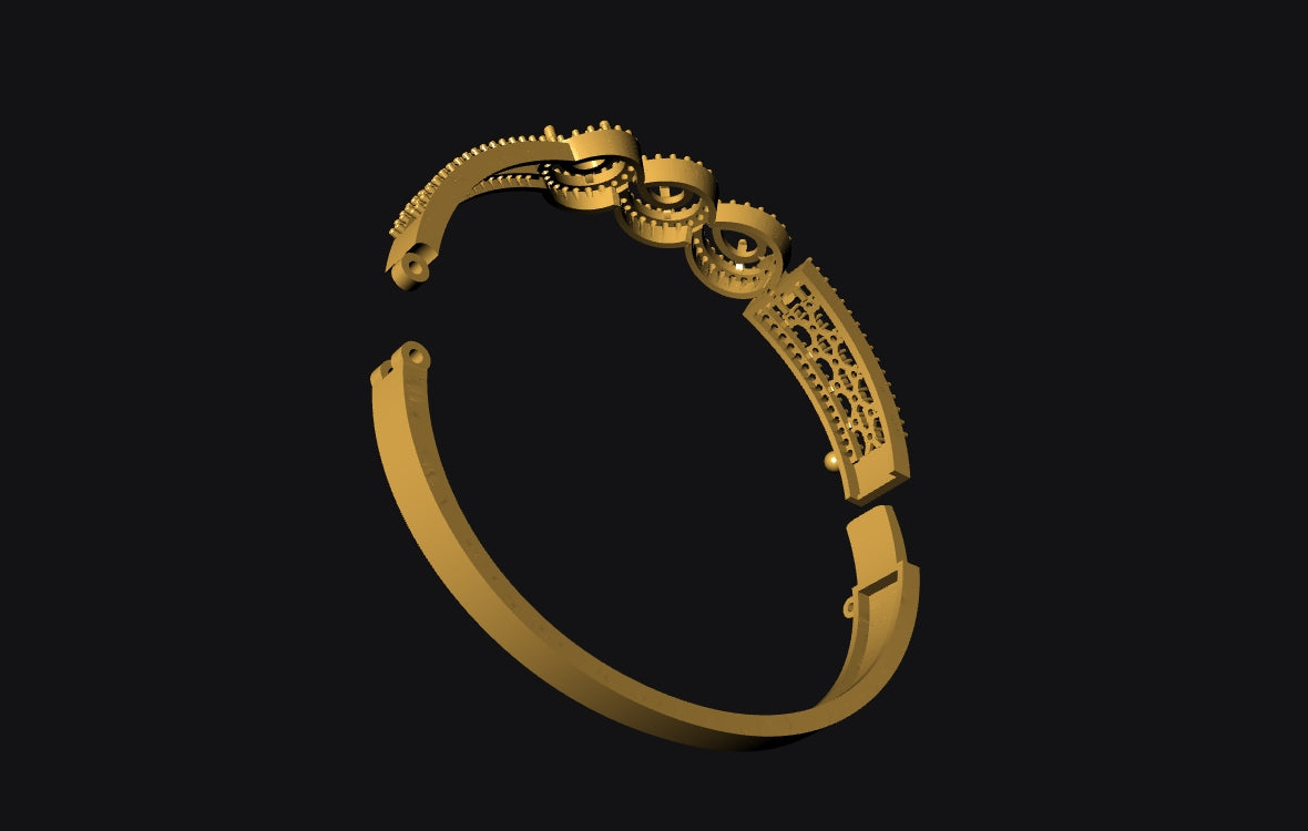 Gold bracelet with intricate design on a black background
