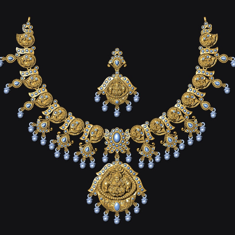 Traditional Goddess Lakshmi Temple Jewellery Set No.3 Nakshi Necklace with Matching Earrings