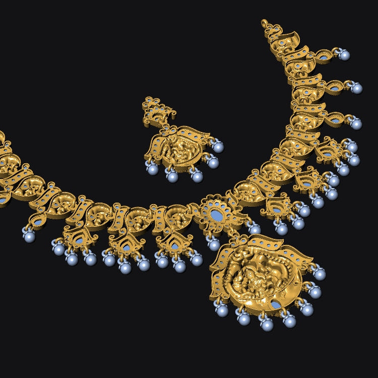 Traditional Goddess Lakshmi Temple Jewellery Set No.3 Nakshi Necklace with Matching Earrings
