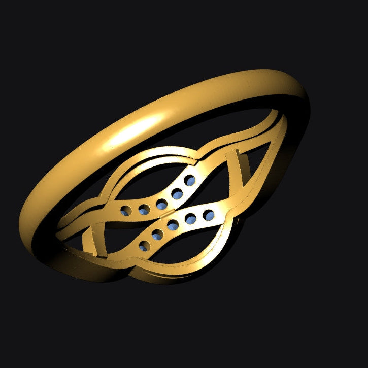 Gold ring with intricate design on a black background