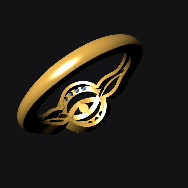 Gold ring with intricate design on a black background