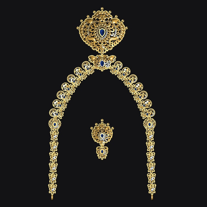 Gold necklace with blue gemstones on a black background