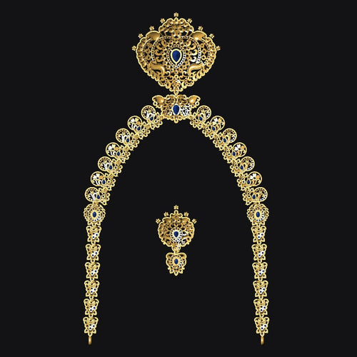 Gold necklace with blue gemstones on a black background